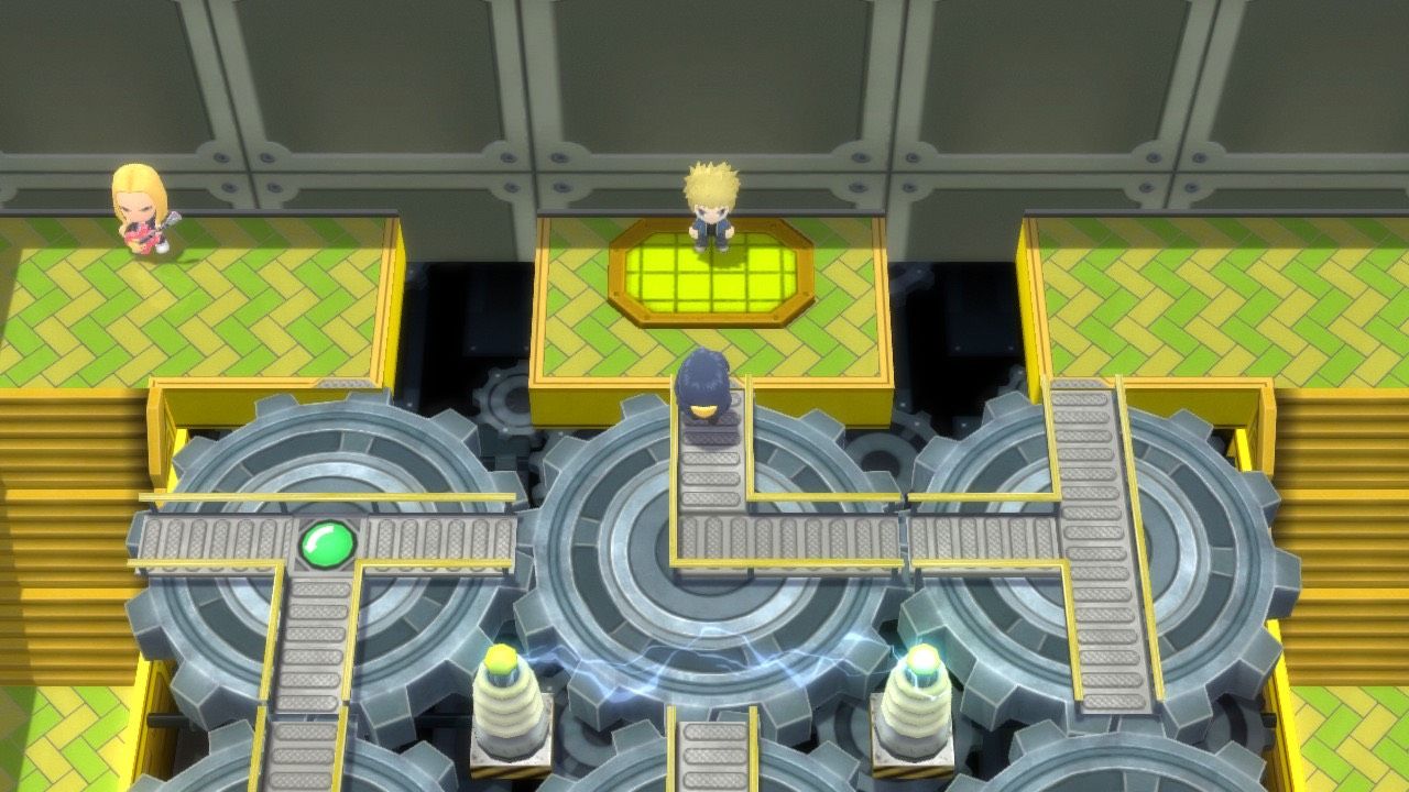 A Pokémon Trainer facing Volkner, leader of Sunyshore City Gym, in Pokémon Brilliant Diamond and Shining Pearl.