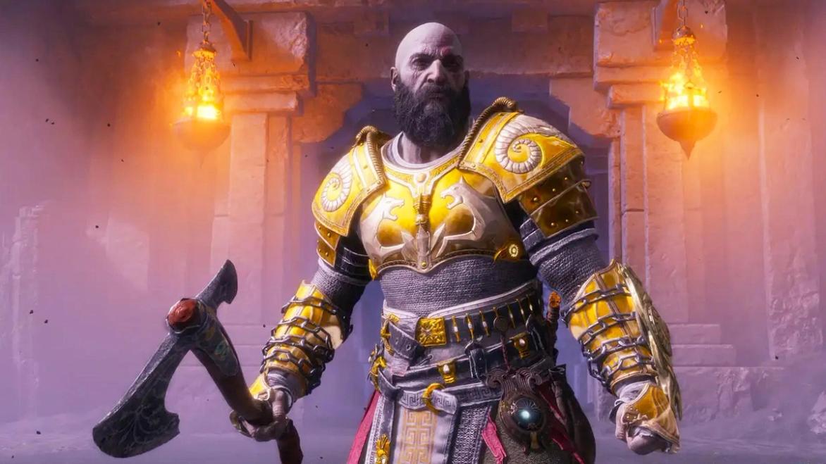 Kratos wearing golden armour in God of War Ragnarok