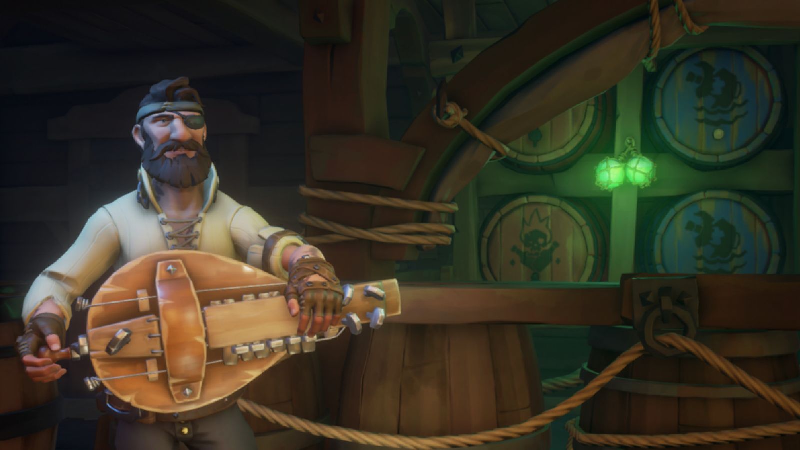 sea of thieves pirate holding an instrument playing it with barrels in the background