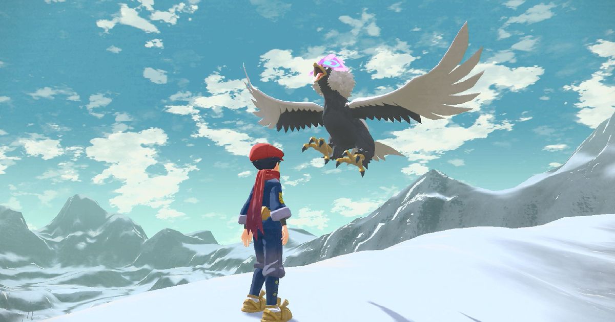 A Pokémon Trainer facing the Hisuian Braviary in Pokémon Legends: Arceus.