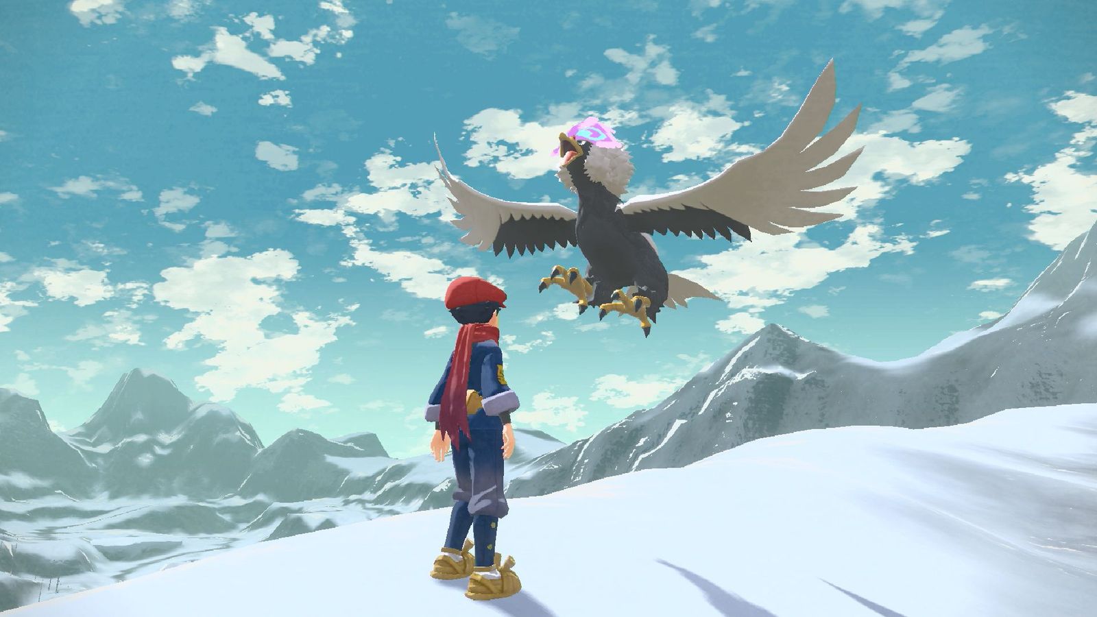 A Pokémon Trainer facing the Hisuian Braviary in Pokémon Legends: Arceus.