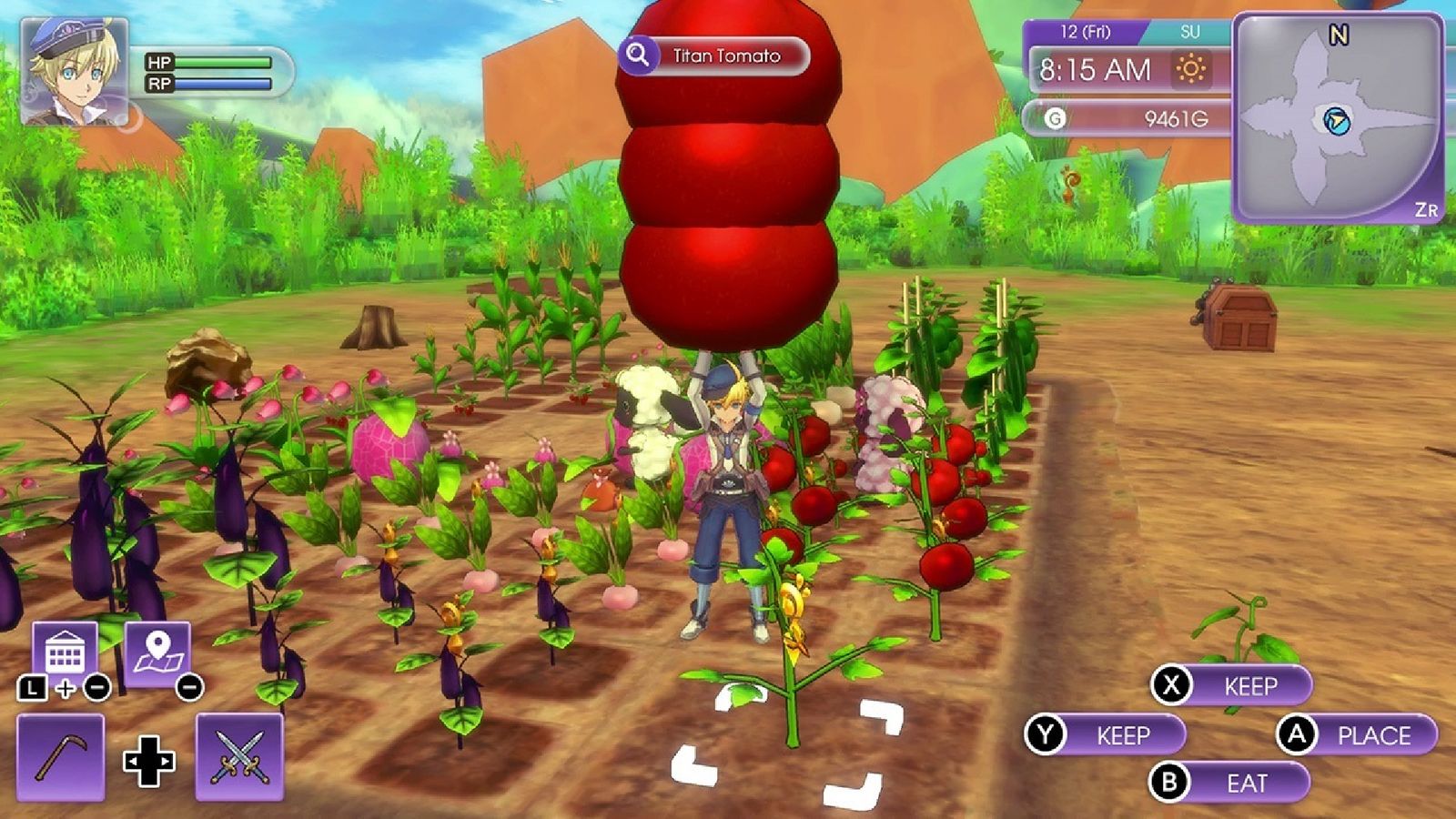 A character holding up a cilinderical red object above a crop of different coloured plants.