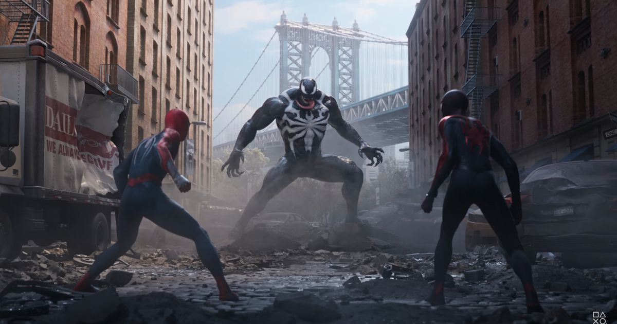 Peter Parker and Miles Morales standing opposite the villain Venom in Spider-Man 2