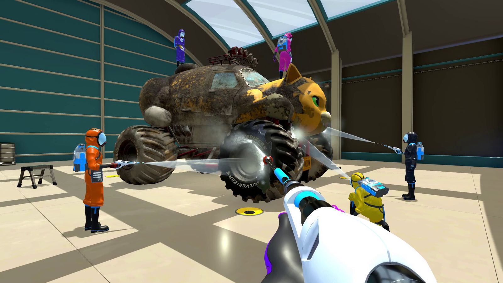 A PowerWash Simulator first-person shot, with the player character washing a monster truck.