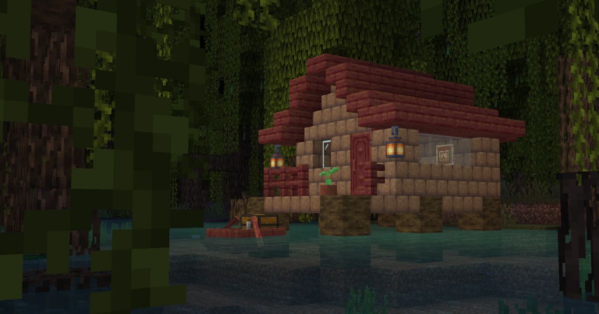 A light brown house with a darker brown roof built in a lake in a forest in Minecraft.