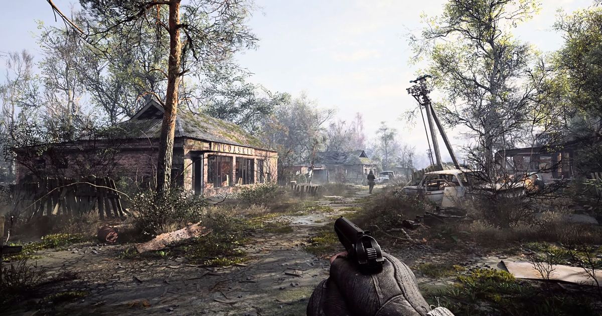 A screenshot of gameplay from Stalker 2 showing the player wielding a pistol