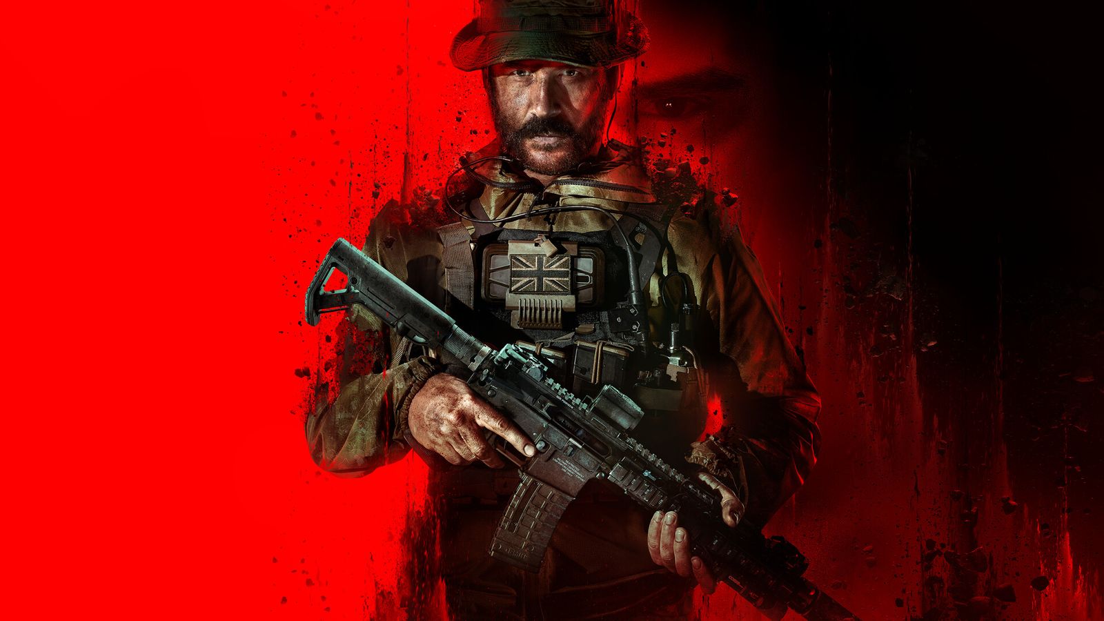 Modern Warfare 3 Captain Price holding gun on red background