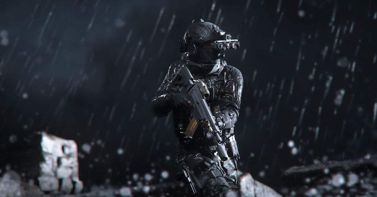 Modern Warfare 3 player holding rifle while moving through rain. The soldier is wearing night-vision goggles