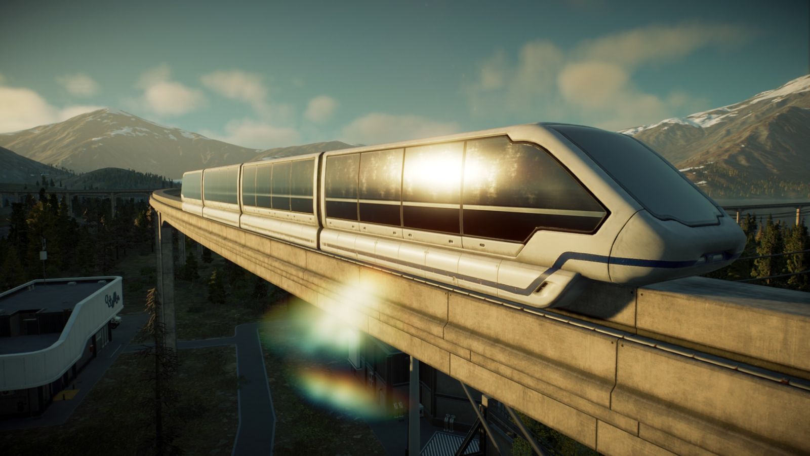 Jurassic World Evolution 2 The image is showing the front of the monorail carriage above enclosures at sunrise. 