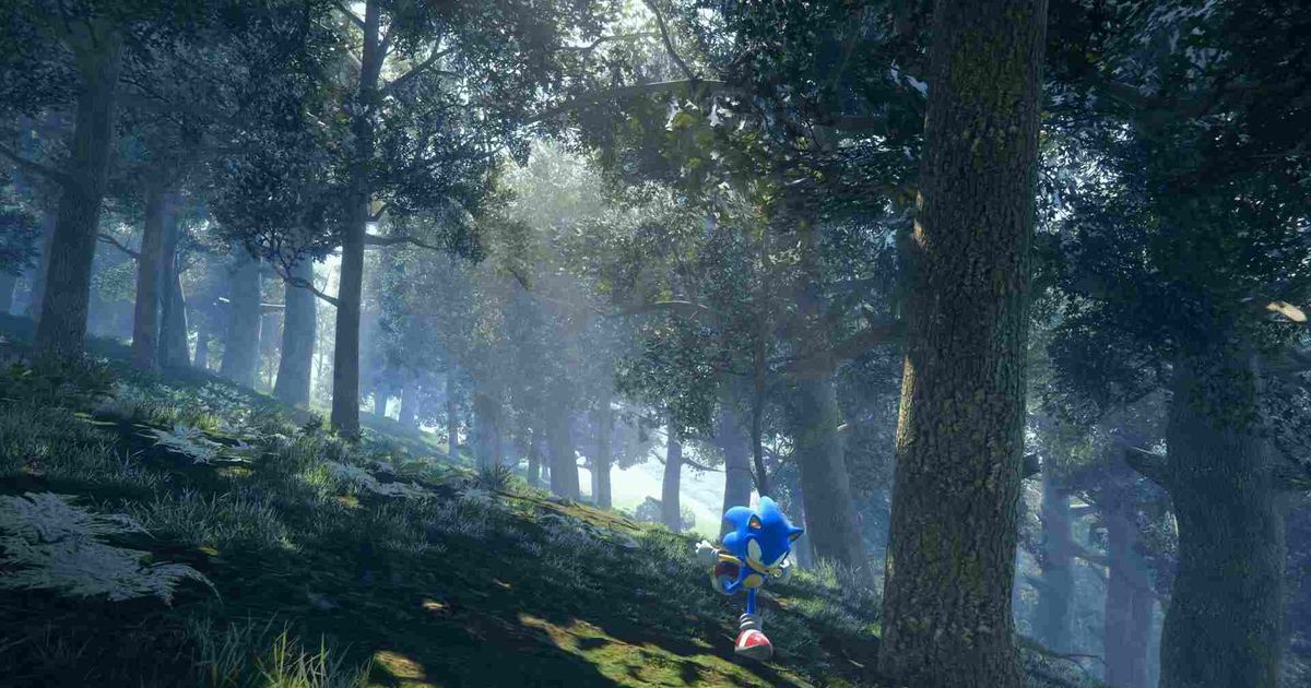 Sonic running through a forest in Sonic Frontiers.