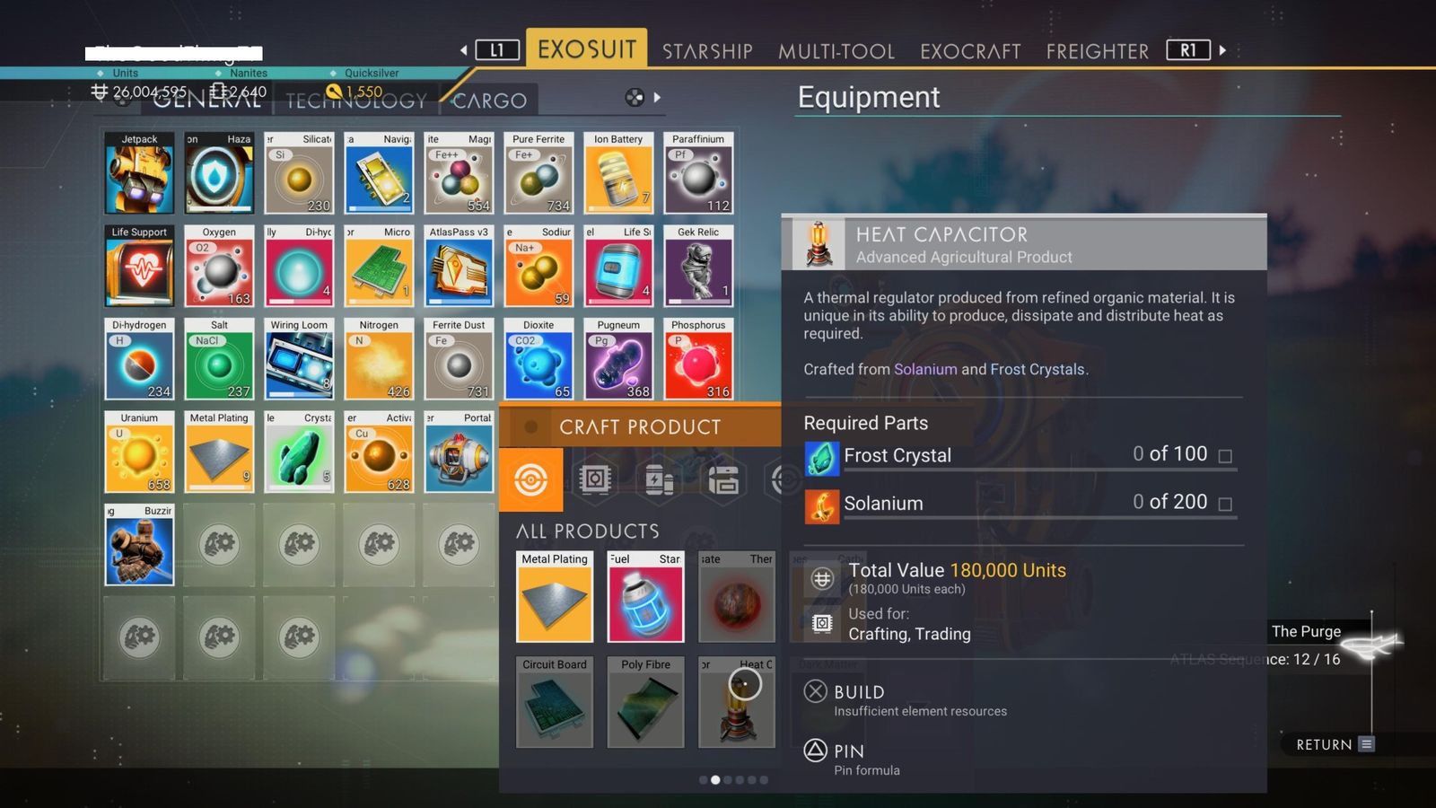 The recipe for crafting at Heat Capacitor shown in the inventory in No Man's Sky.