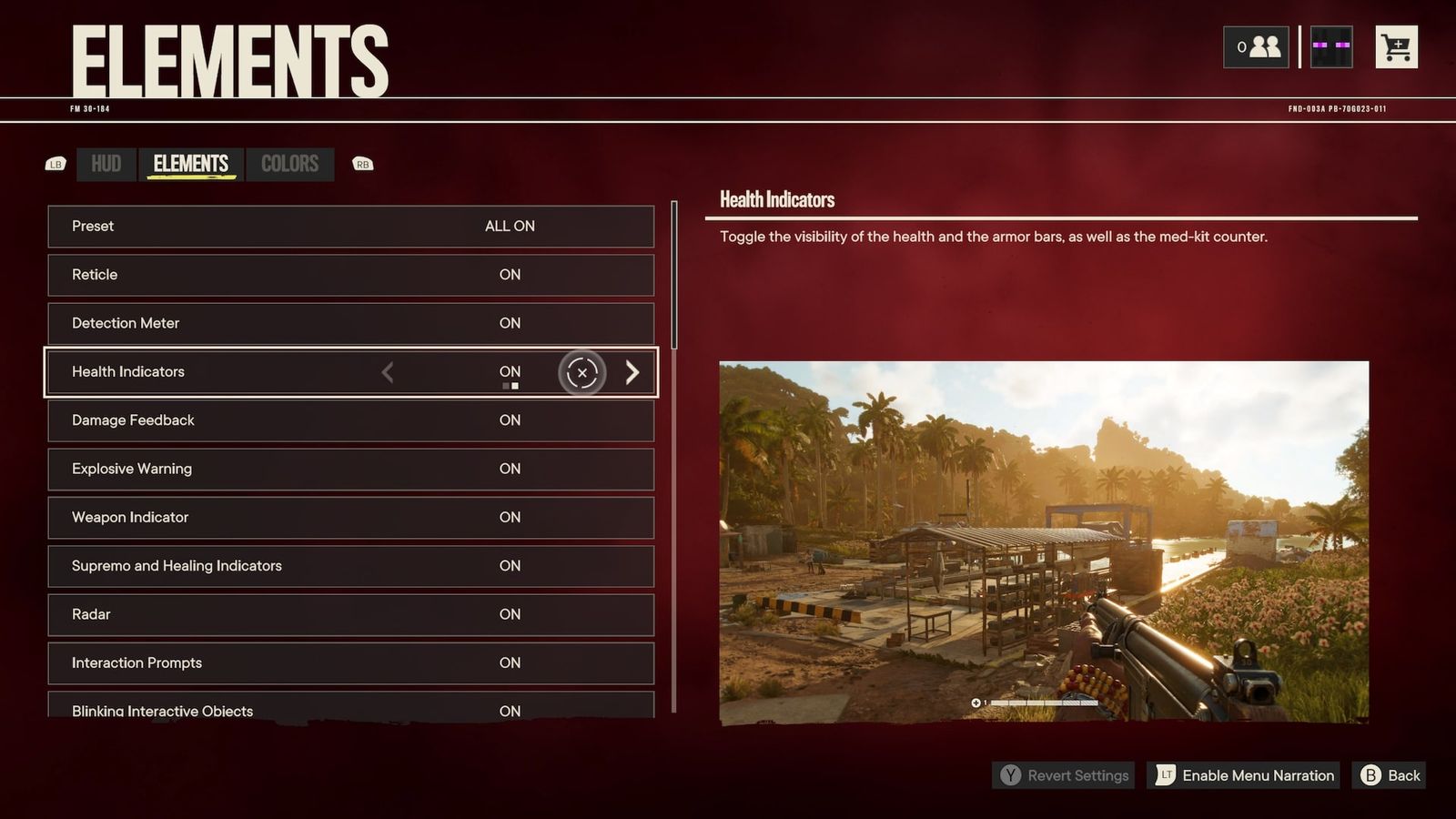 Far Cry 6 Elements under HUD in-game settings, turning health indicators off is the fourth option available.