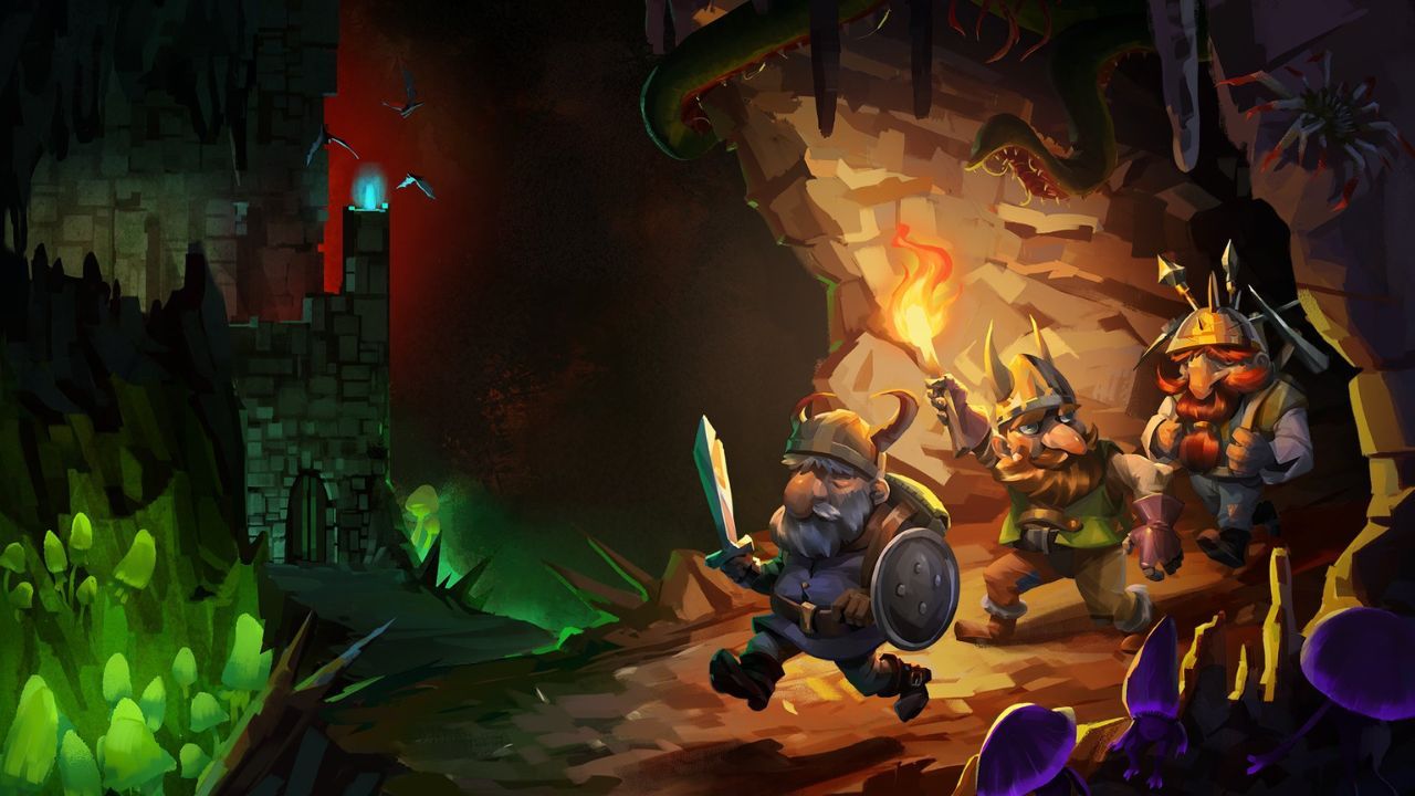 Characters running through a dark mine in artwork from the Dwarf Fortress game.