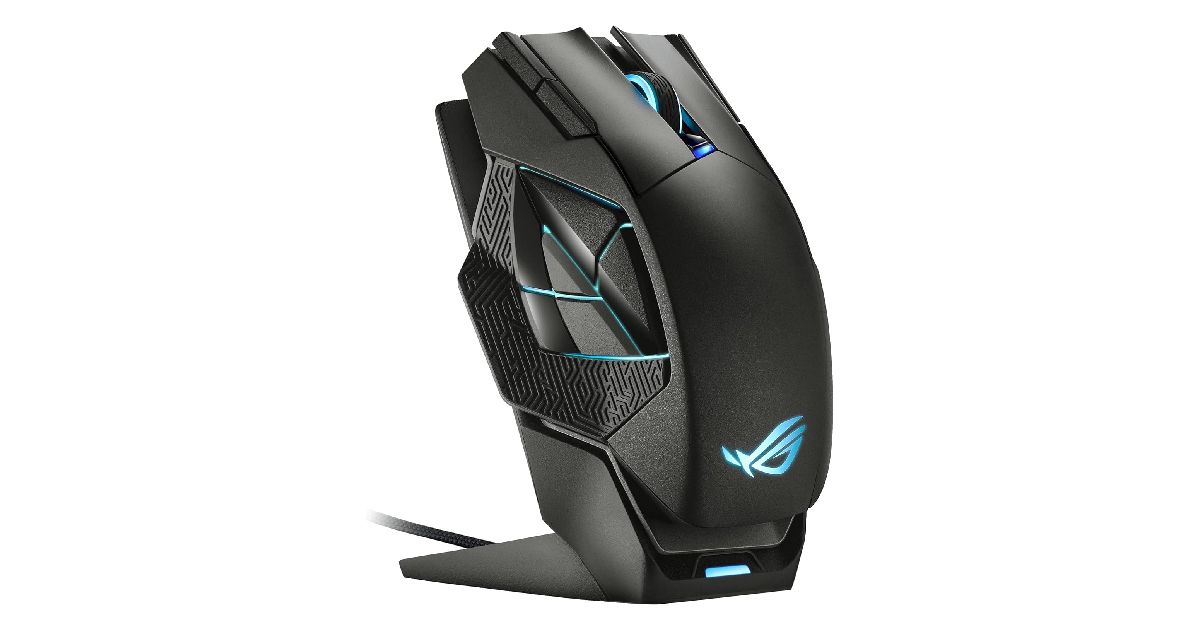 ASUS ROG Spatha X product image of a black ergonomic mouse featuring light blue lighting around the buttons sat in a charging port.