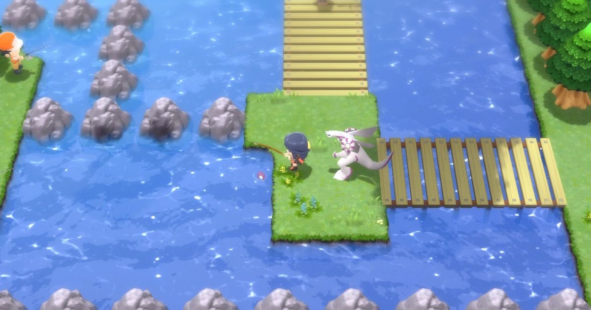A Pokémon Trainer with their Palkia, going fishing along Route 218 situated next to Jubilife City in Pokémon Brilliant Diamond and Shining Pearl.