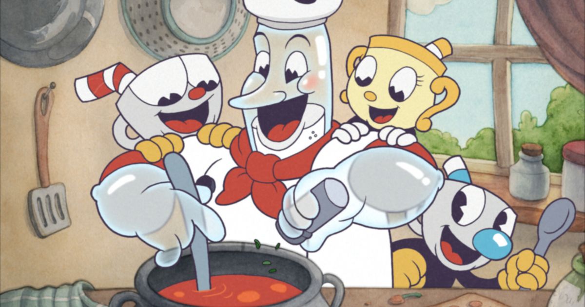 The Cuphead: The Delicious Last Course characters enjoying making a soup together.