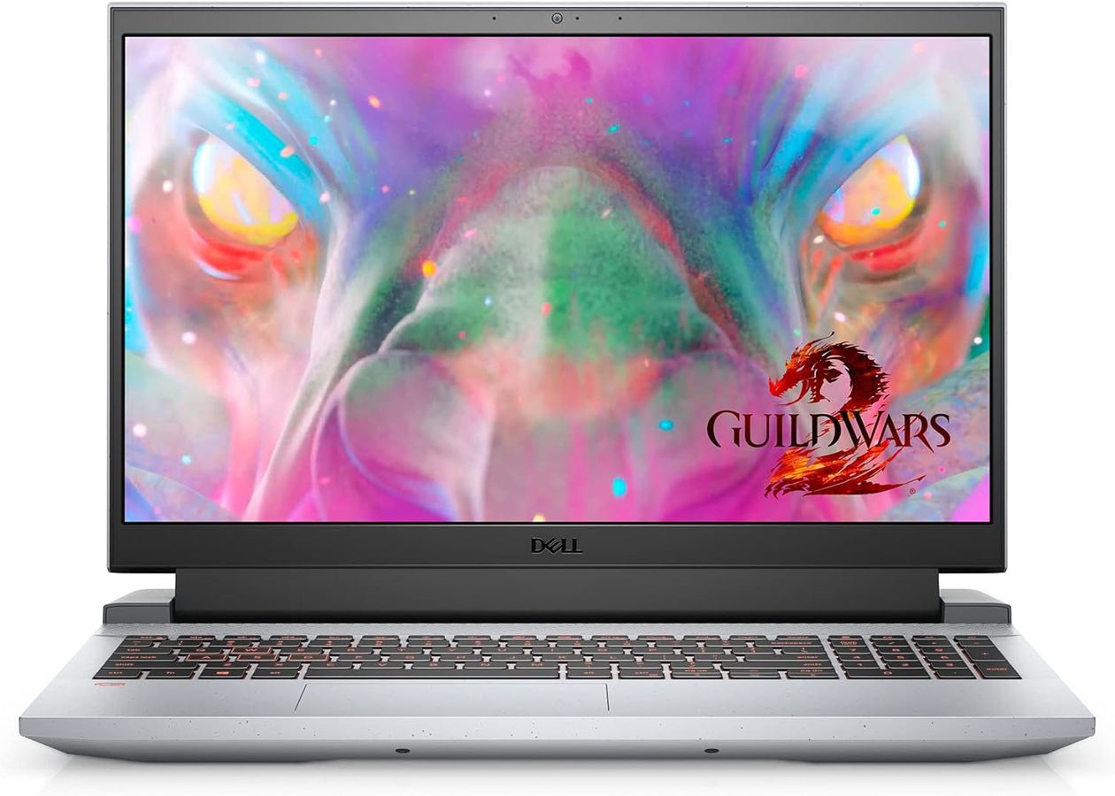 Dell G15 5510 product image of a white and dark grey laptop featuring a pair of yellow eyes surrouned by pink, blue, red, and green tones on the display.