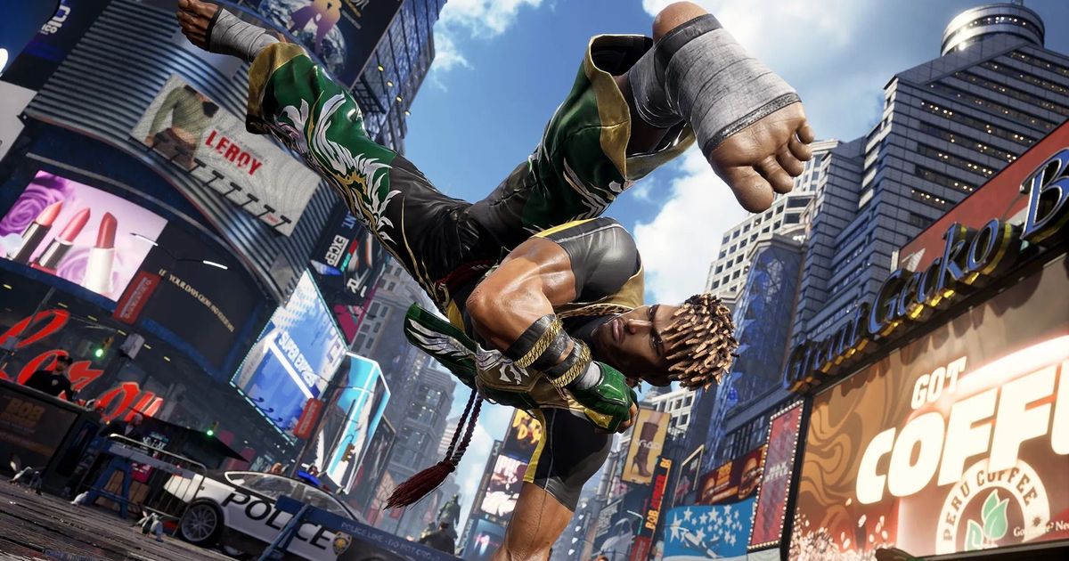 tekken 8 eddie doing a handspin kick in the middle of a city square