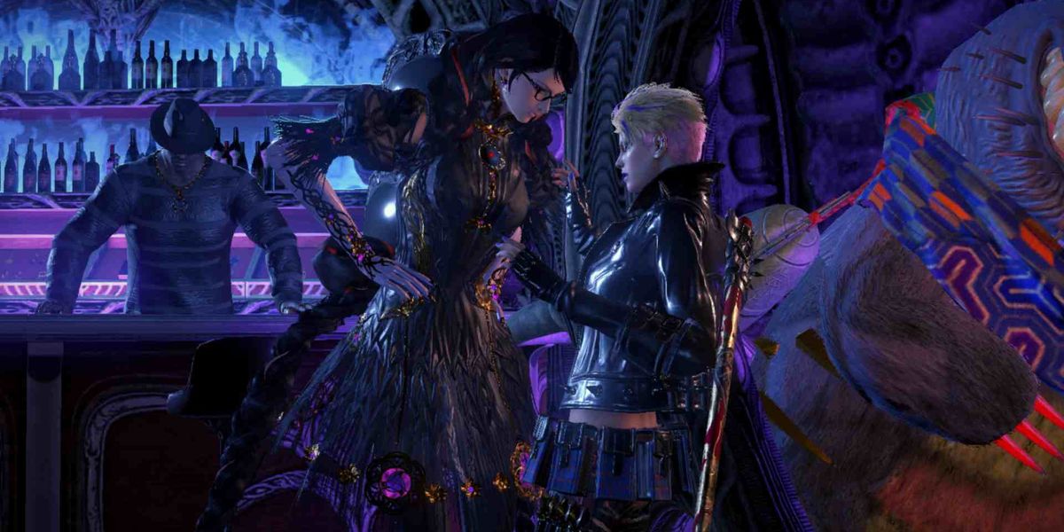 Bayonetta and Viola chatting in a demon bar.