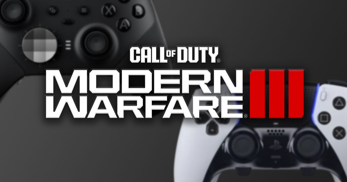 Call of Duty Modern Warfare 3 logo in white and red with a white PS5 controller on one side and a black Xbox controller on the other.