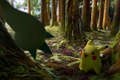 Pikachu chasing after a Pachirisu in a forest.