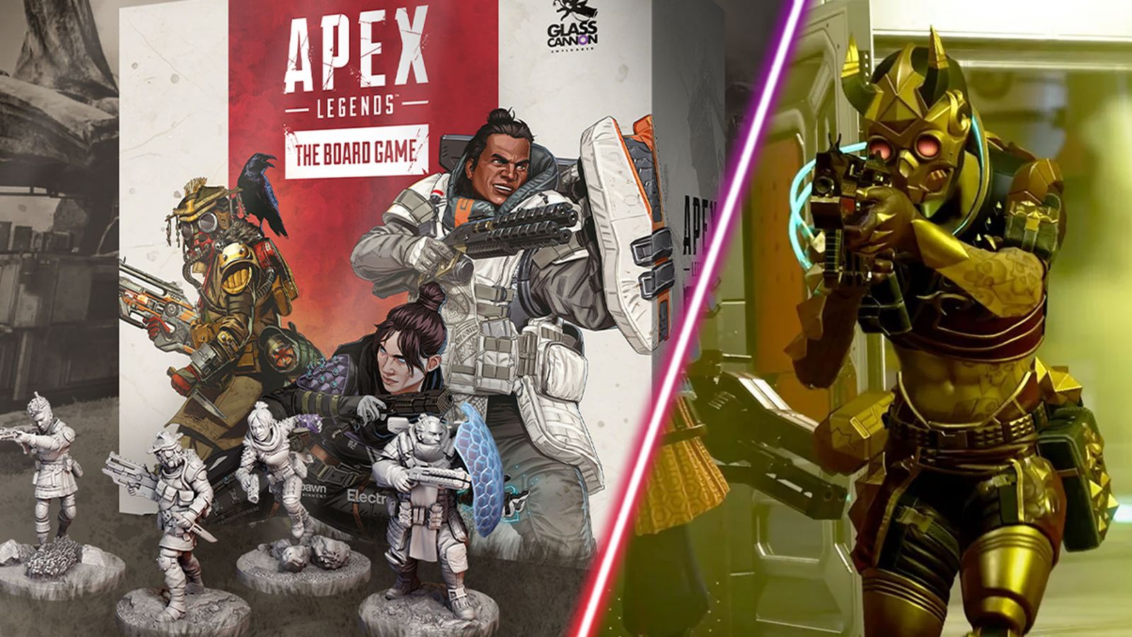 Screenshot of Apex Legends board game and miniature figures and Apex Legends player holding an SMG