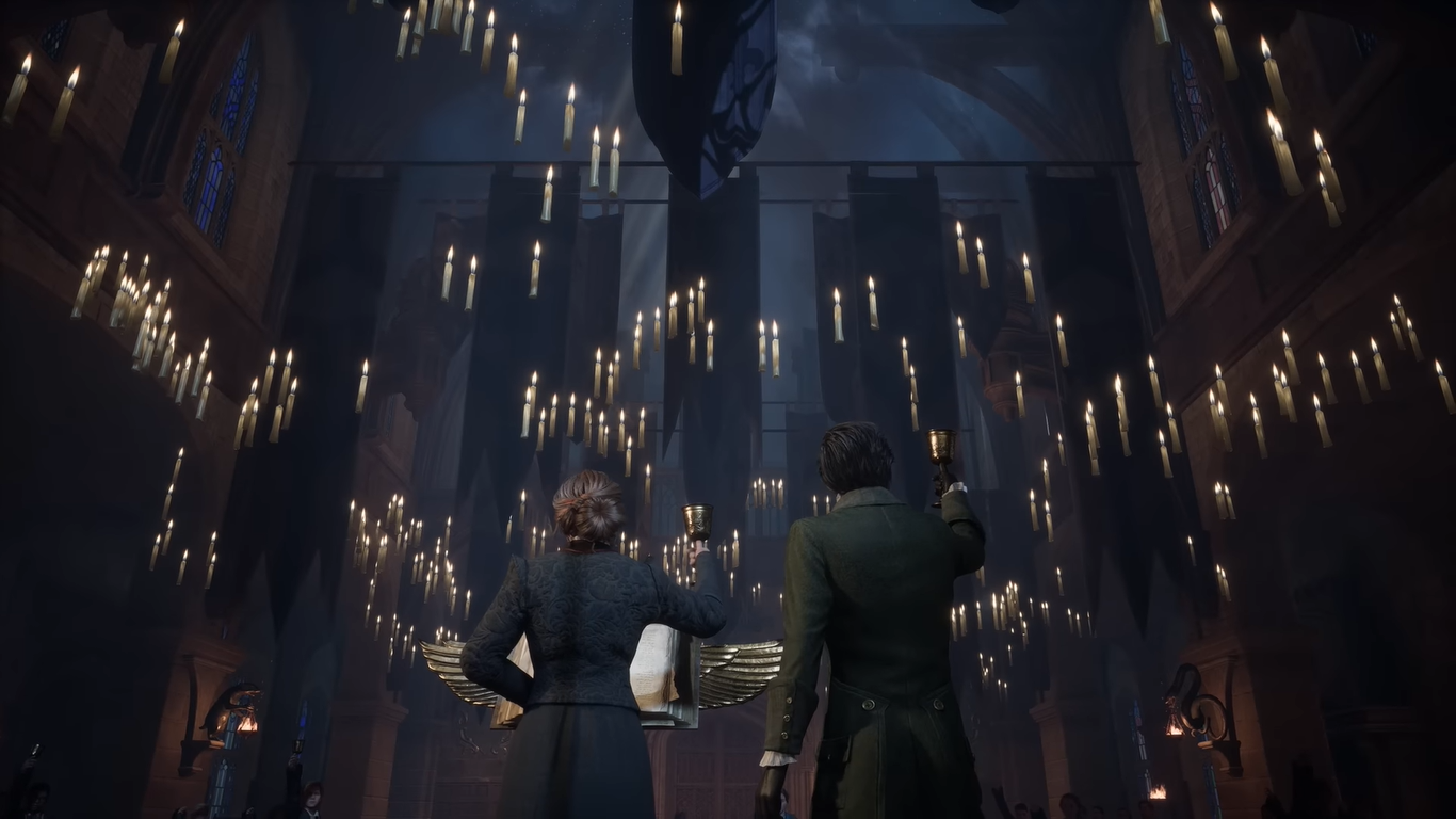 A screenshot of two Hogwarts Legacy characters with their backs turned.