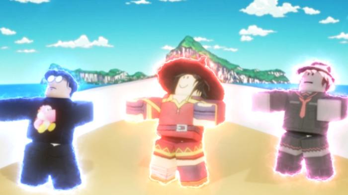 Image from Stands Awakening, showing three Roblox characters on a beach