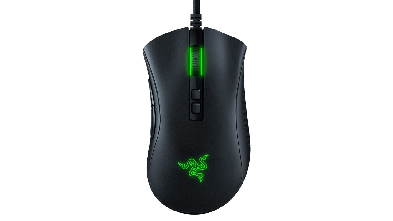 Razer DeathAdder V2 product image of a black wired mouse with green branding and lighting on top.