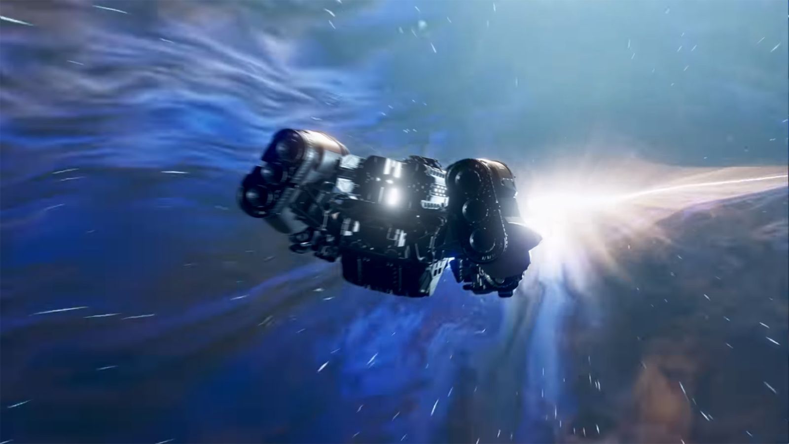 A screenshot of a flying ship from the Starfield gameplay trailer. 