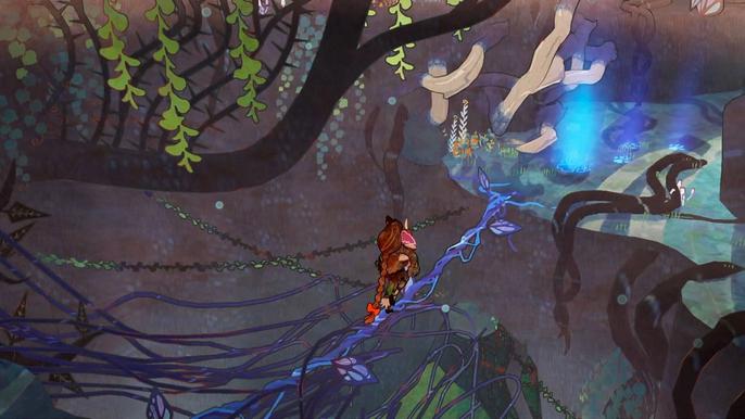 Cereza exploring the Avalon Forest in Bayonetta Origins: Cereza and the Lost Demon.