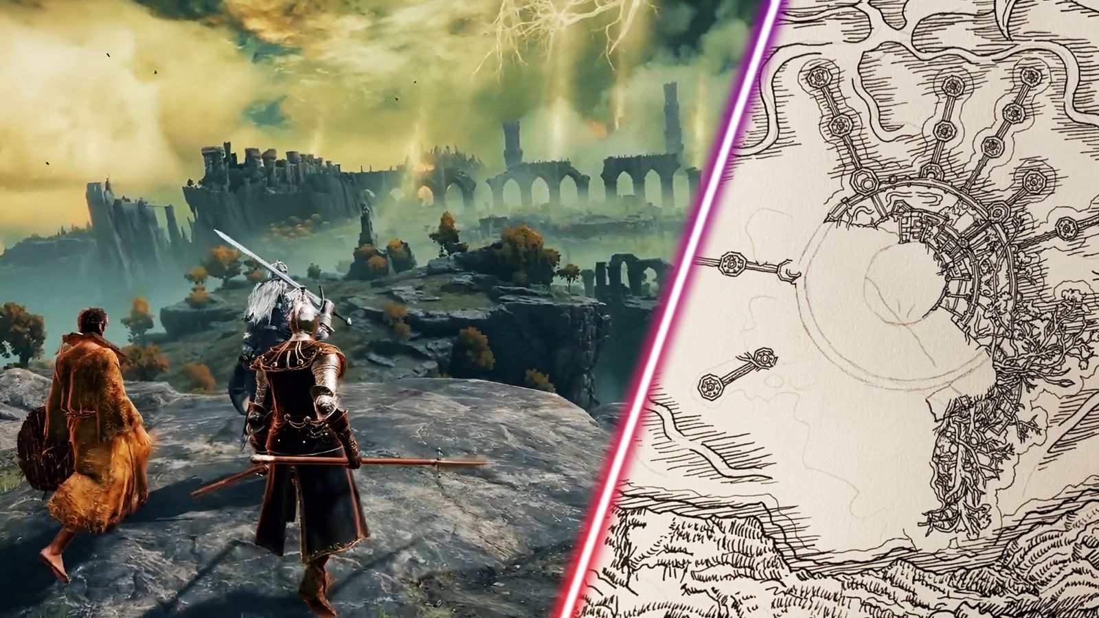 Elden Ring's game world alongside an image of Alherath's map.