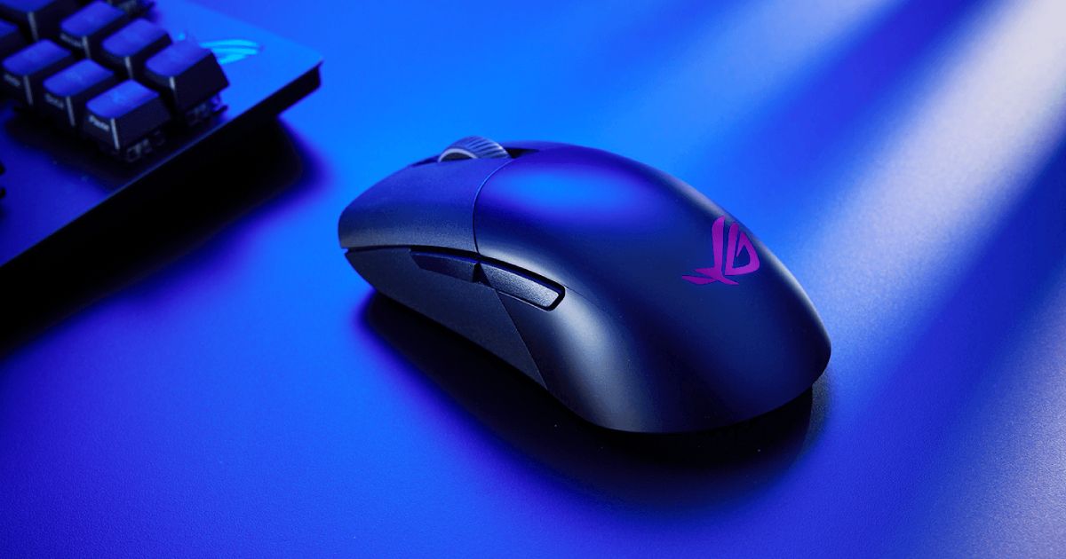 A black wireless gaming mouse featuring ROG branding in purple on top.