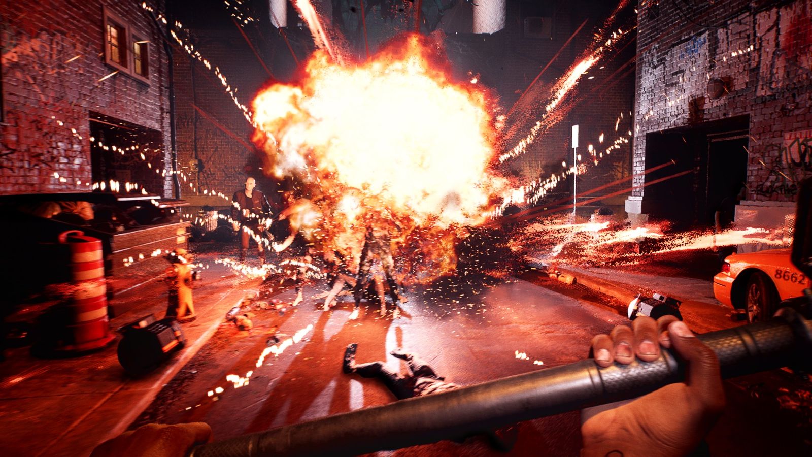 Screenshot of Dead Island 2 player creating explosion near zombies
