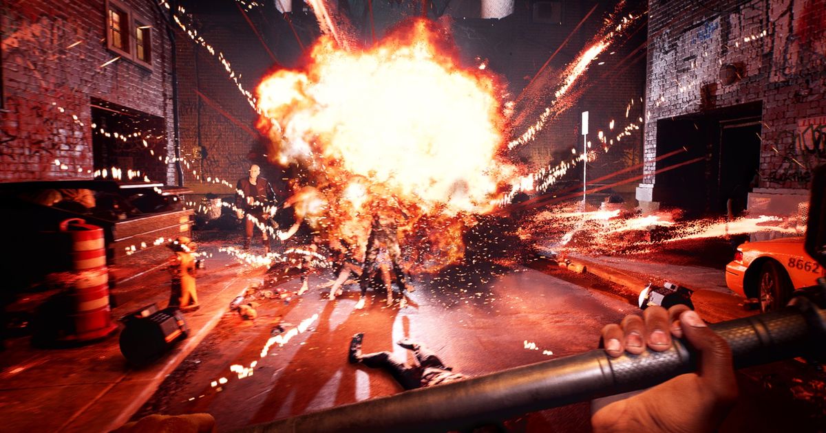 Screenshot of Dead Island 2 player creating explosion near zombies