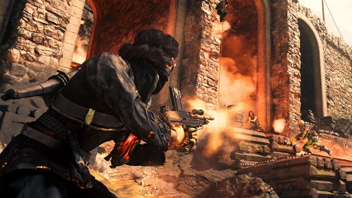 Image showing Warzone player firing gun next to lava