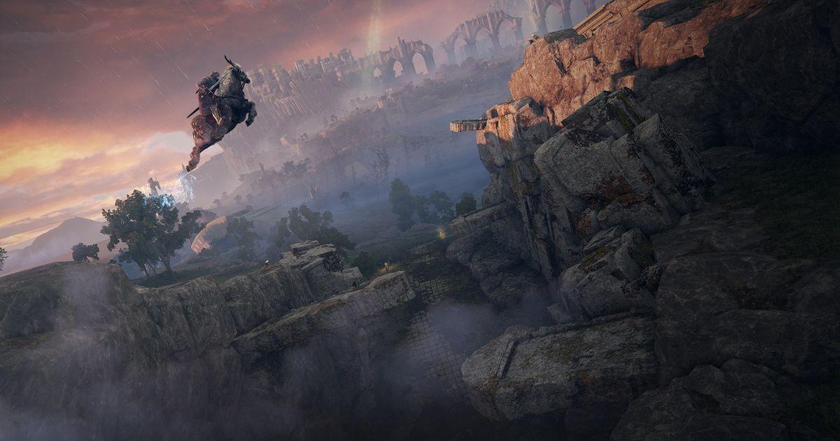 A player jumps between cliffs on Torrent in Elden Ring.