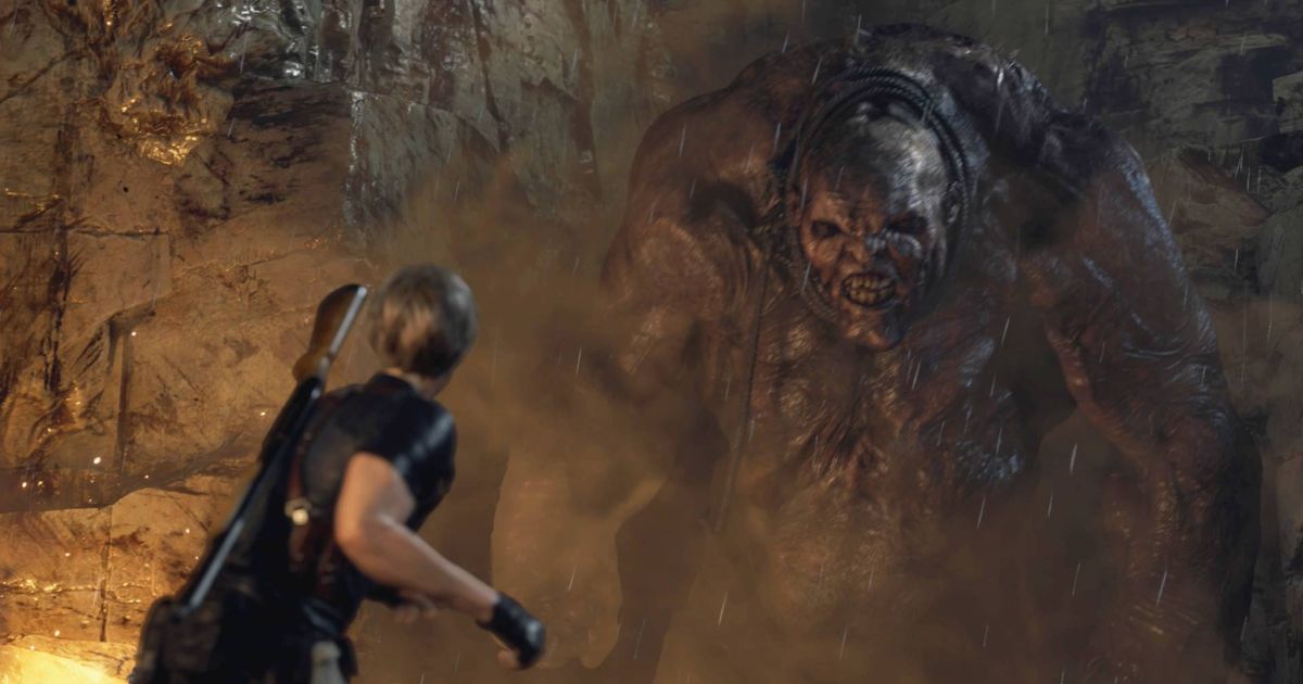 Leon S. Kennedy looking up at El Gigante in Resident Evil 4 remake.