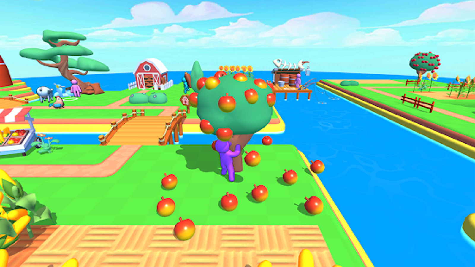 Screenshot from Farm Land, showing a purple sprite harvesting apples from a tree