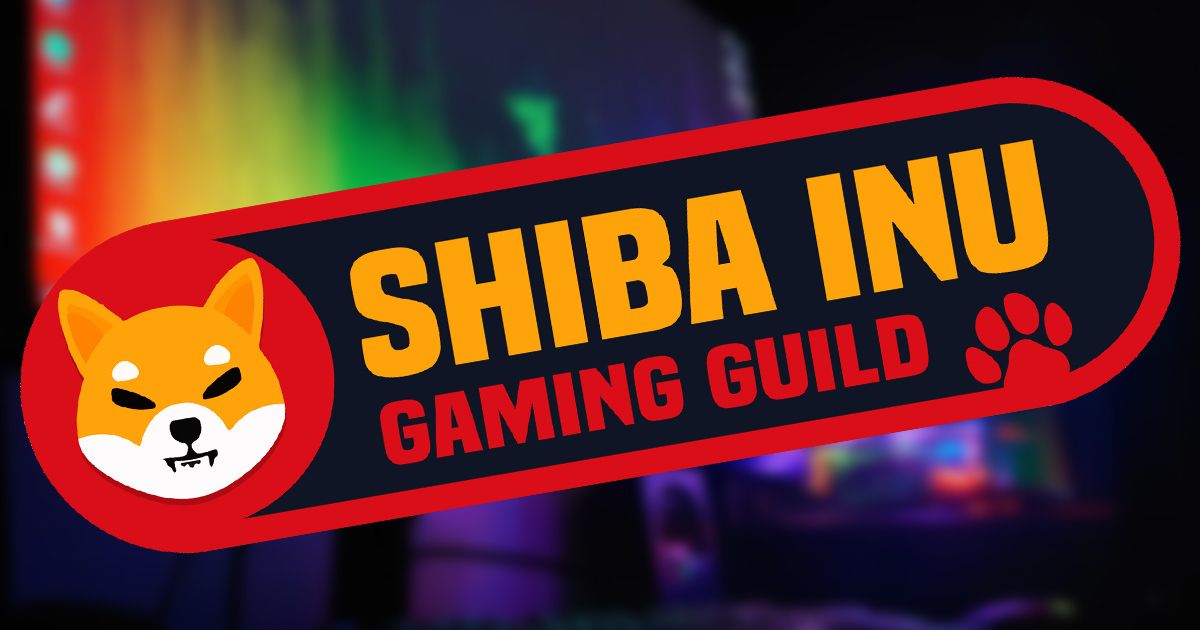 Shiba Inu Gaming Guild logo in front of blurred gaming PC.