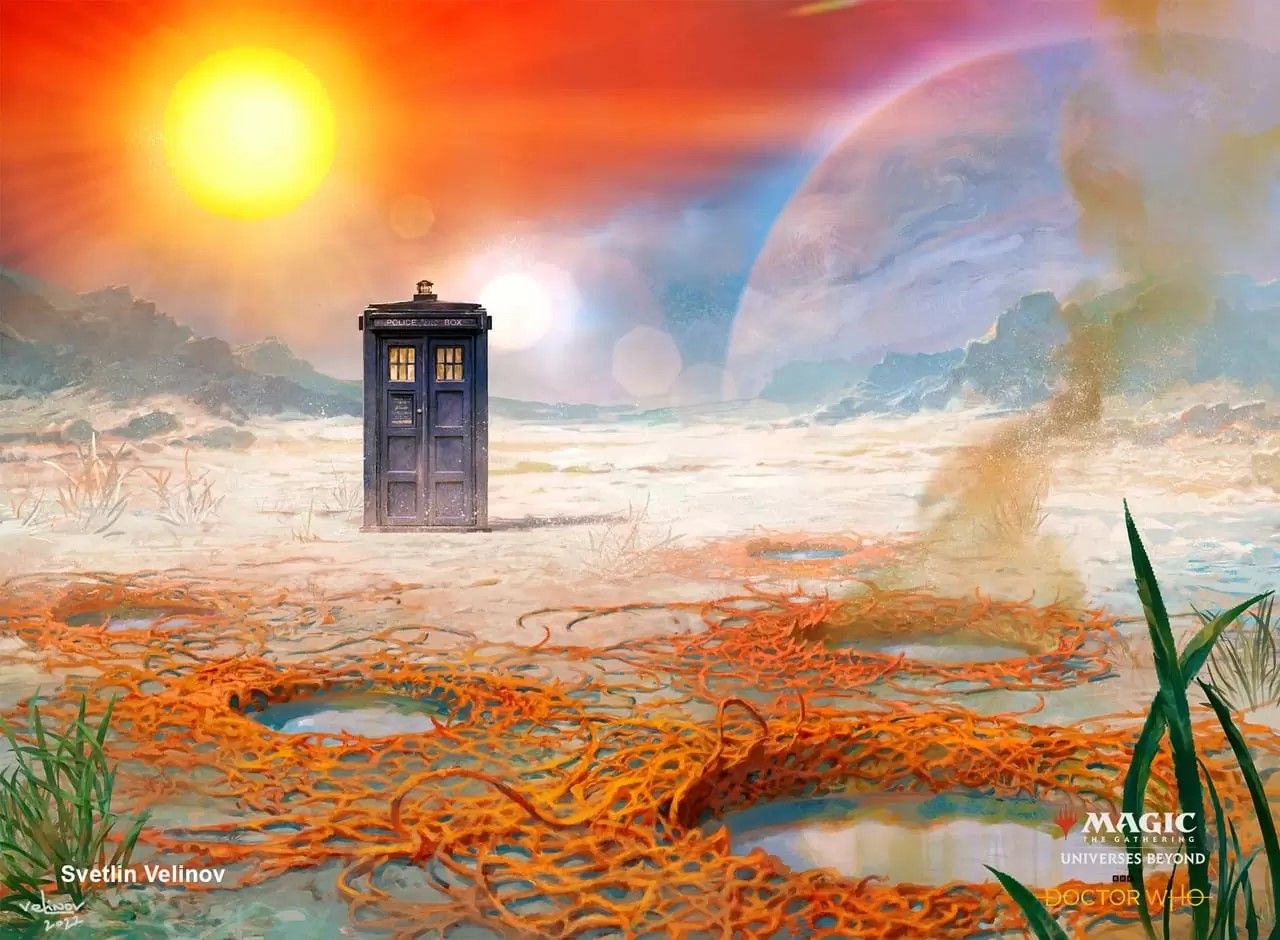 A land from the MTG Dr Who set featuring a blue tardis on an alien planet.