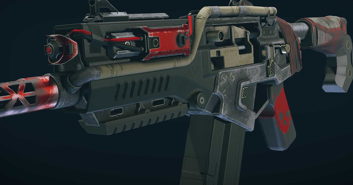 A close-up of a legendary assault rifle weapon in Starfield.