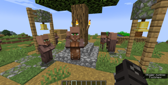 A Minecraft Leatherworker surrounded by Minecraft villagers. 