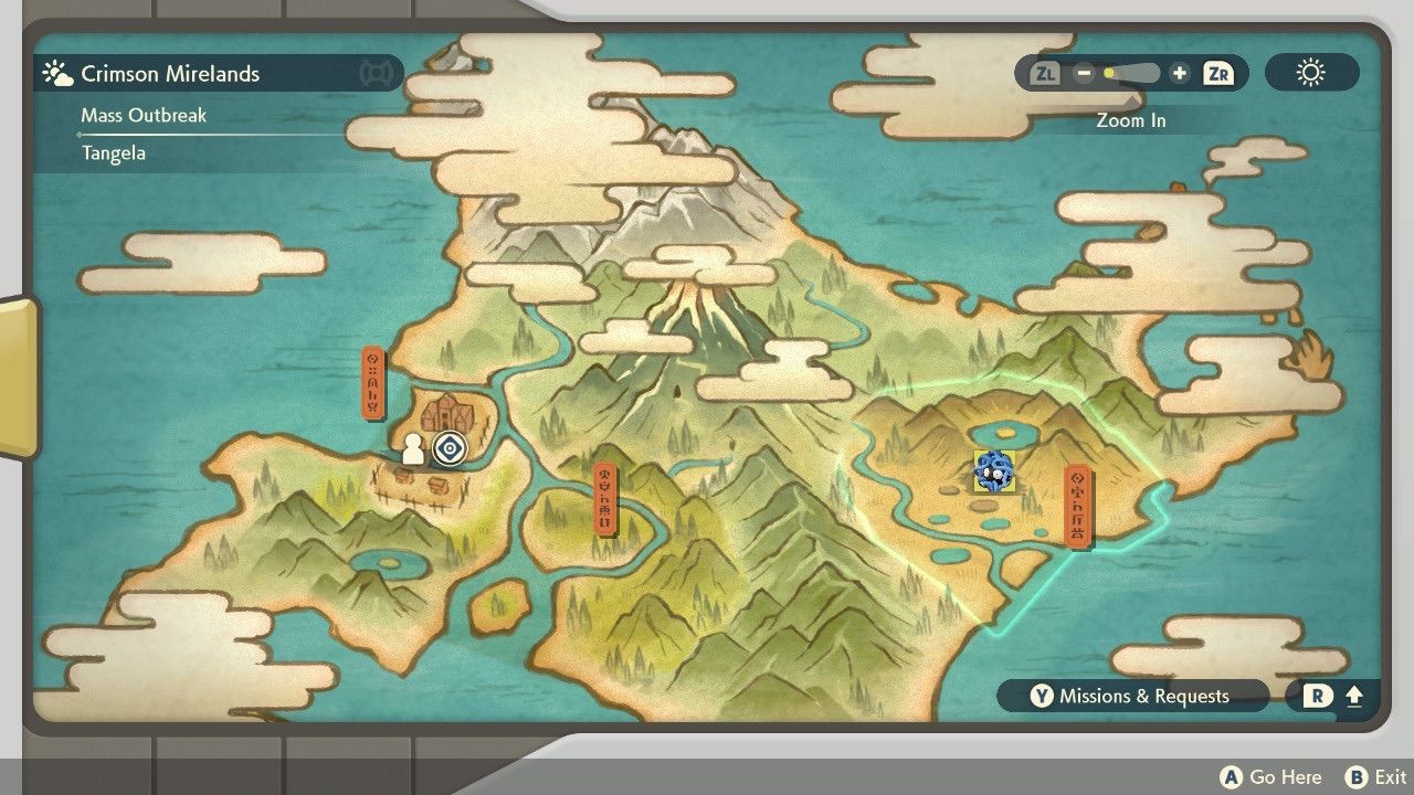 A Mass Outbreak of Tangela is marked on the map in Crimson Mirelands of Pokémon Legends: Arceus.