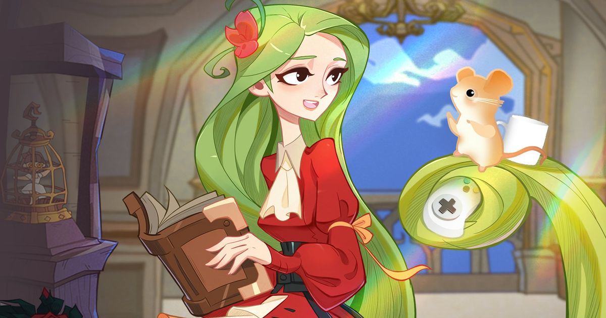 Screenshot of Madtale Idle RPG character holding book with mouse standing on green hair