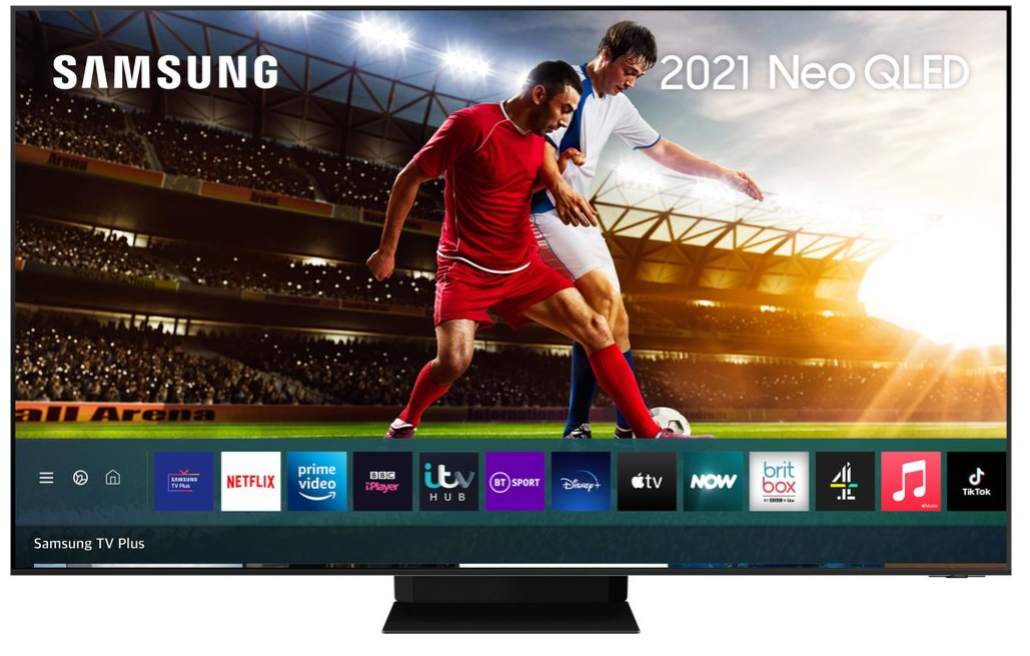 Image of Samsung 8K TV displaying two men playing football, with a man in a red kit challenging a man in a white kit for the ball on the right side of the screen
