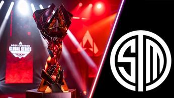 TSM logo on black background and Apex Legends ALGS trophy on red background