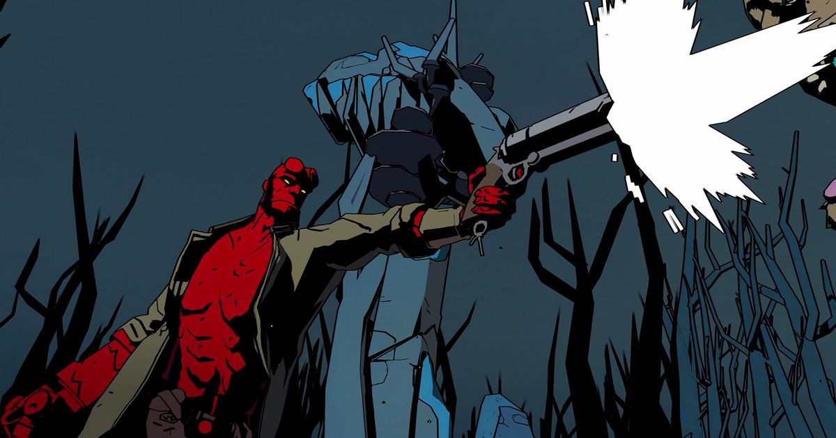 Hellboy shooting a gun in Hellboy: Web of Wyrd.