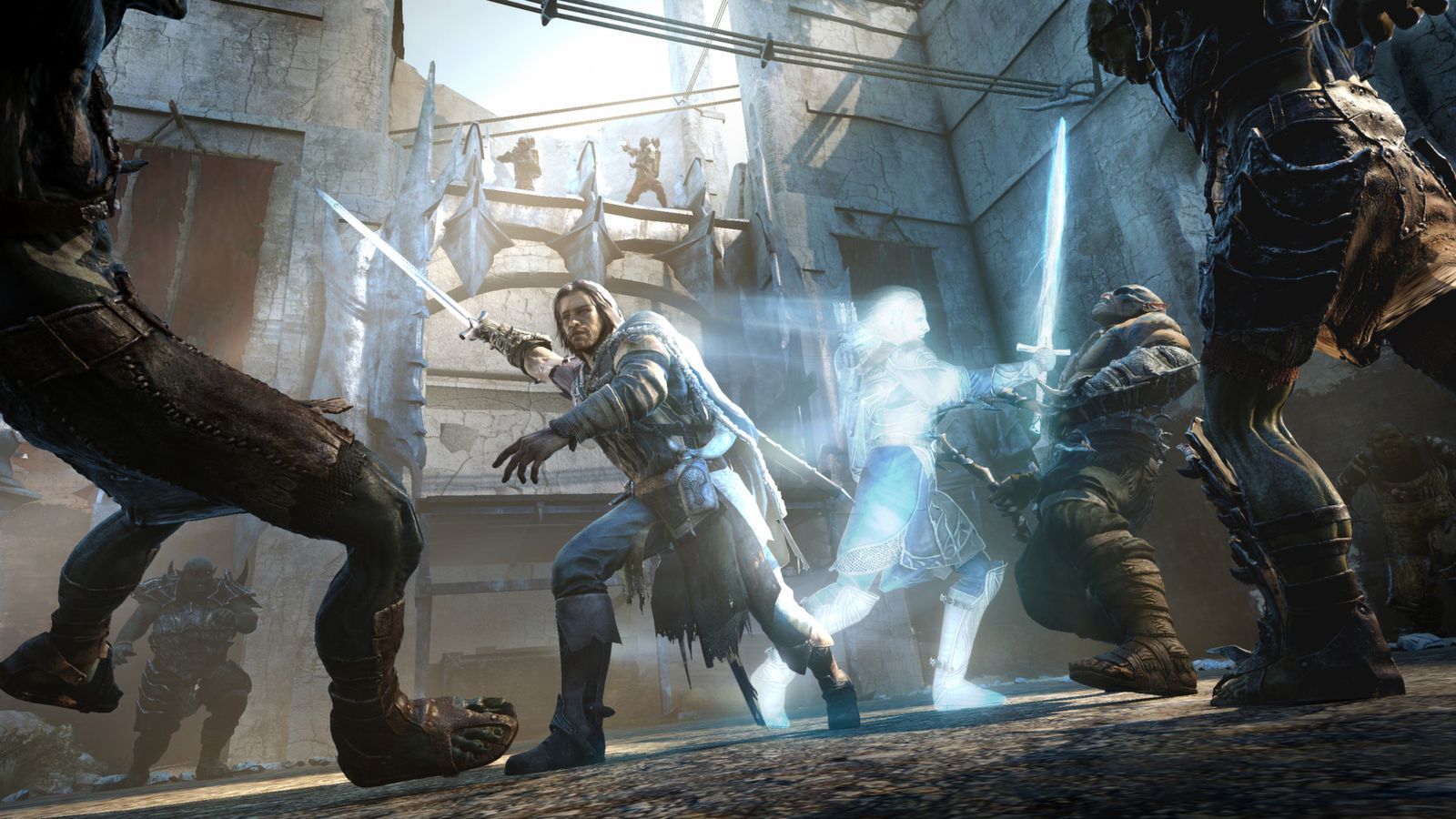 Talion fighting enemies in Middle-earth: Shadow of Mordor.