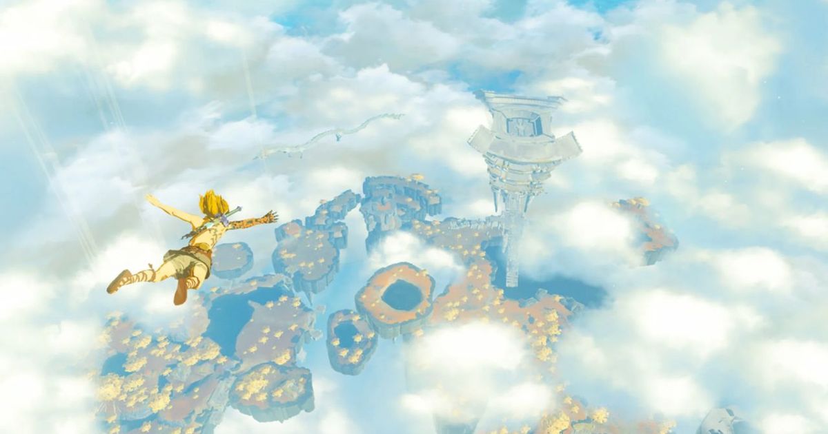 Link is falling toward flying islands in Zelda Tears of the Kingdom.